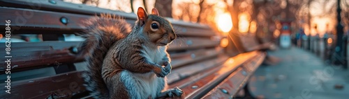 Squirrel on bench, city street background close up, focus on, copy space Crisp colors and urban setting Double exposure silhouette with benches