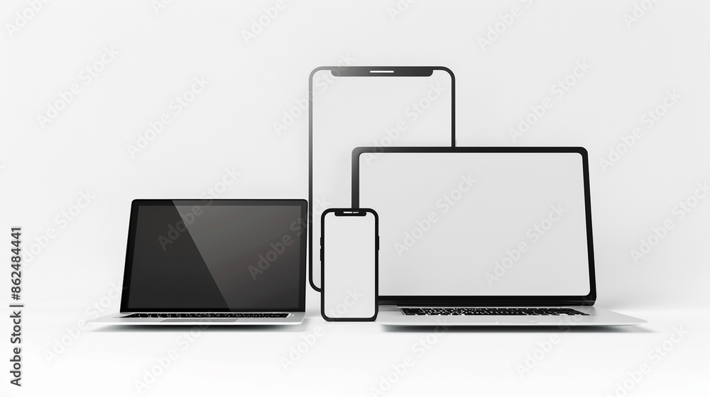 Flat lay of multiple electronic devices including laptops, tablets, and smartphones, set against a white background. Flat lay of multiple electronic devices including laptops, tablets, and smartphones, set against a white background.