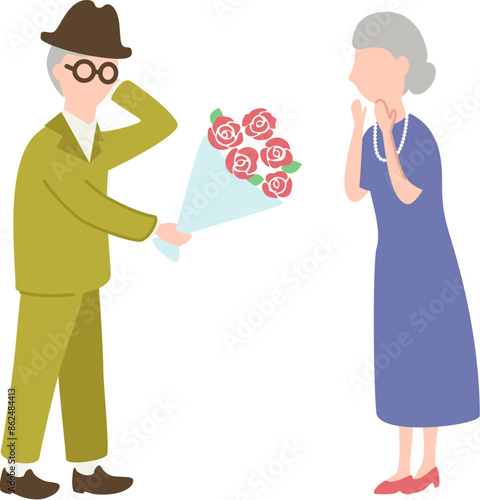 照れながらバラの花束を渡す初老の男性と、驚き喜んで受け取る初老の女性のイラスト