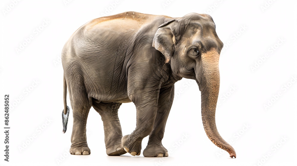 An individual Asian male elephant standing alone against a white backdrop. An individual Asian male elephant standing alone against a white backdrop.