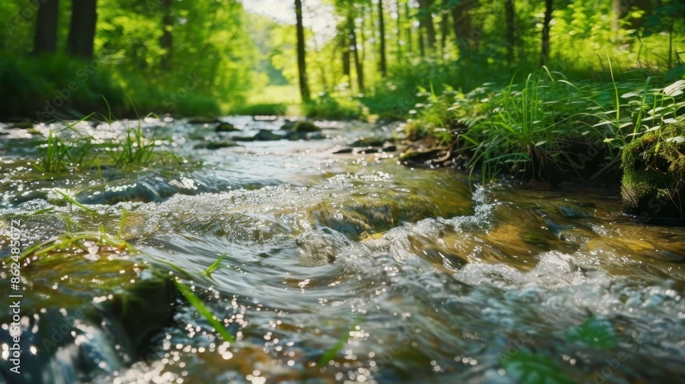 34. A close-up of a flowing stream in a forest, capturing the sound and movement of water in a natural setting. 34. A close-up of a flowing stream in a forest, capturing the sound and movement of water in a natural setting.