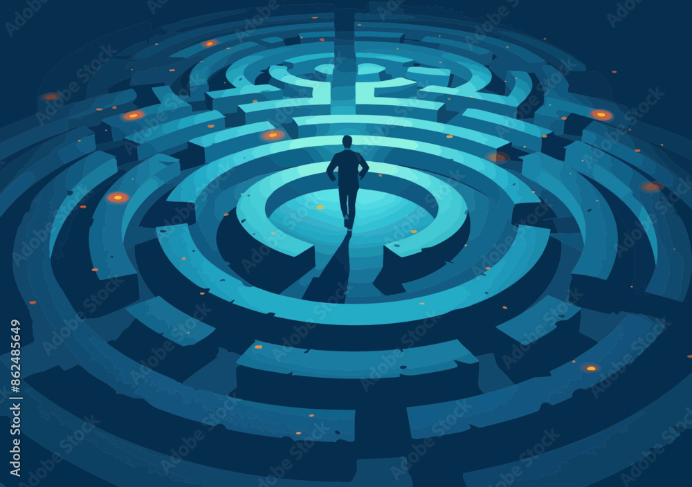 Business Manager Navigating Circular Maze Towards the Goal at Center in Conceptual Illustration Representing Challenges and Focus Business Manager Navigating Circular Maze Towards the Goal at Center in Conceptual Illustration Representing Challenges and Focus