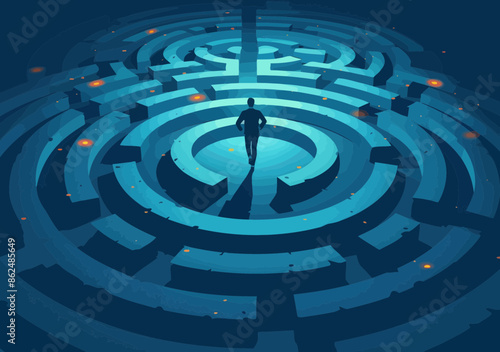 Business Manager Navigating Circular Maze Towards the Goal at Center in Conceptual Illustration Representing Challenges and Focus