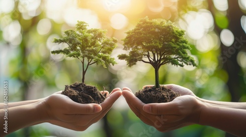 Two hands holding saplings, representing growth, sustainability, and environmental care.