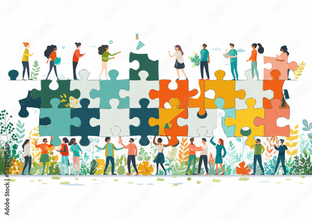 Fototapeta premium Collaborative Teamwork Solving Puzzle, Concept of Human Resources, Problem-Solving, Vector Illustration, People Working Together, Daytime Scene, Corporate Culture, Unity and Cooperation