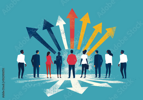 Business Team Evaluating Multiple Directions and Decision Making with Colorful Arrows, Conceptual Illustration Depicting Strategy, Choice, Options, Direction, Success, Cooperation, Minimalistic Art