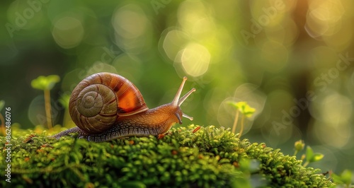 A Snail Crawling on Mossy Ground in a Garden