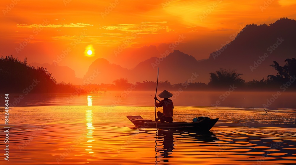 Asia fisherman in river at sunset. copy space for text. Image of asian life style. Asia fisherman in river at sunset. copy space for text. Image of asian life style.