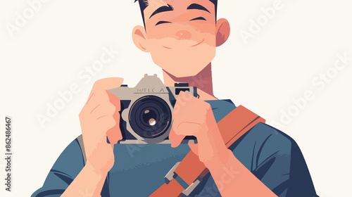 Man with camera on chest. flat vector style