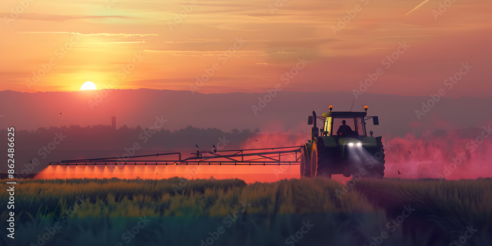 Naklejka premium Golden Hour Agriculture Tractor Spraying Fertilizer Across Wheat Fields at sunset background. 