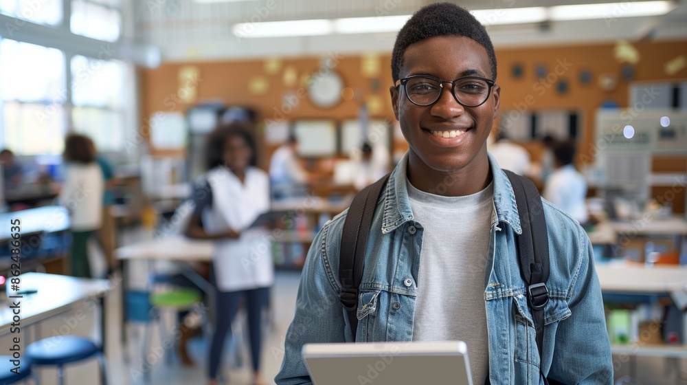 Obraz premium Young Man Student with Tablet in Digital Learning Lab: Optimizing Educational Technology for Effective Teaching and Learning