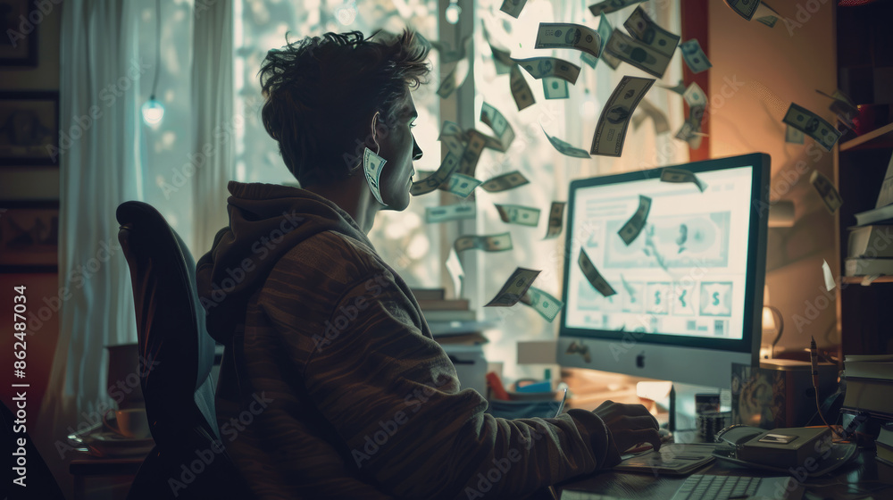 A man is sitting at a desk in front of a computer monitor and money flying around A man is sitting at a desk in front of a computer monitor and money flying around
