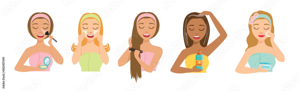 Woman Enjoy Beauty Procedure Routine and Self Care Vector Set Woman Enjoy Beauty Procedure Routine and Self Care Vector Set