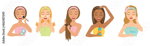 Woman Enjoy Beauty Procedure Routine and Self Care Vector Set