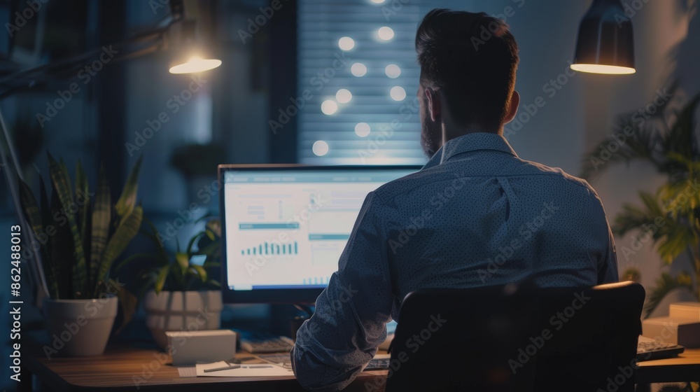 A Professional working on computer, analyzing data charts and graphs, surrounded by potted plants in a modern, dimly-lit office setting A Professional working on computer, analyzing data charts and graphs, surrounded by potted plants in a modern, dimly-lit office setting