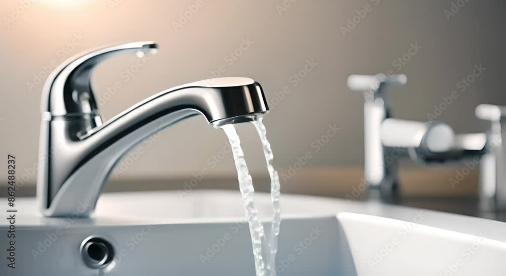 Water flows from a chrome faucet into the bathroom sink Water flows from a chrome faucet into the bathroom sink