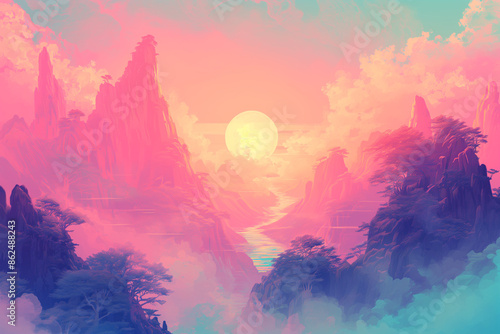 pixel art Abstract wallpaper, combining retro aesthetics with a dreamy landscape, Unique landscape artwork using pixel style, pixel art concept banner, Pixel sunset landscape with trees and mountains