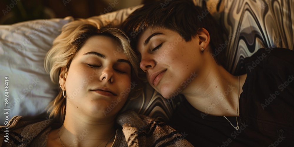 Two women in love napping peacefully at their residence with their eyes shut. Two women in love napping peacefully at their residence with their eyes shut.