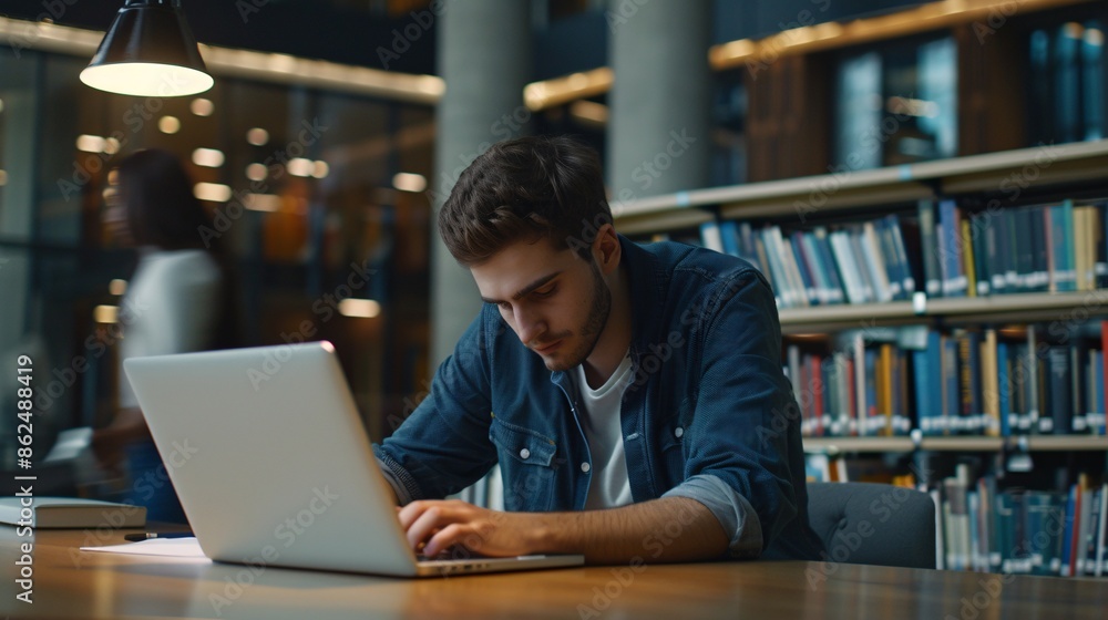 A college student conducting academic research in a contemporary library, utilizing a laptop and surrounded by books and learning resources, with a strong focus on education A college student conducting academic research in a contemporary library, utilizing a laptop and surrounded by books and learning resources, with a strong focus on education
