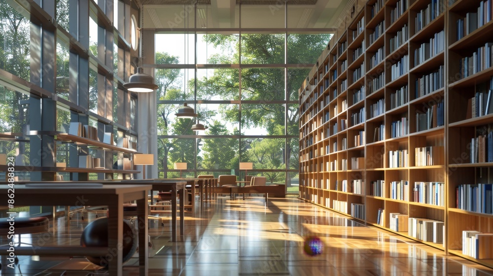 Brightly lit library with rows of books and study areas High quality images Brightly lit library with rows of books and study areas High quality images