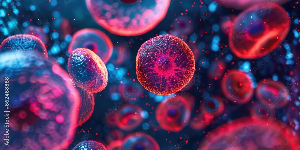 Fototapeta premium Cells. The Science of Embryonic Stem Cells: Macro View in Red Illumination