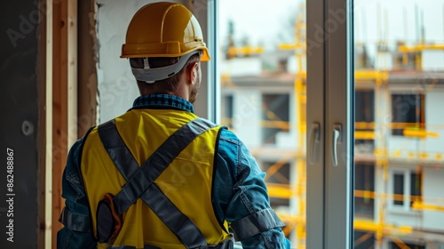 Construction Worker Overseeing Building Progress Through Window