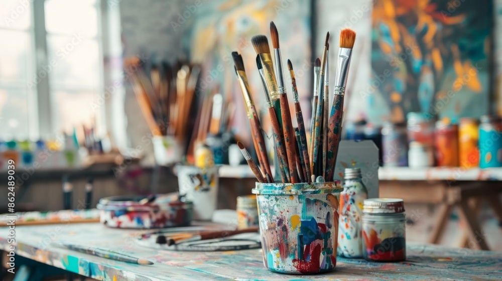 Organized artist's table with paints and brushes High quality images Organized artist's table with paints and brushes High quality images