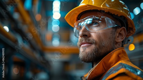 Close up photo of construction worker in hard hat and safety glasses. construction worker safetygear