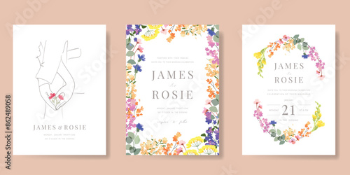 Luxury wedding invitation card background vector. Minimal hand drawn bride and groom in watercolor botanical flowers texture. Design for wedding, vip cover template, rsvp modern card, poster. 