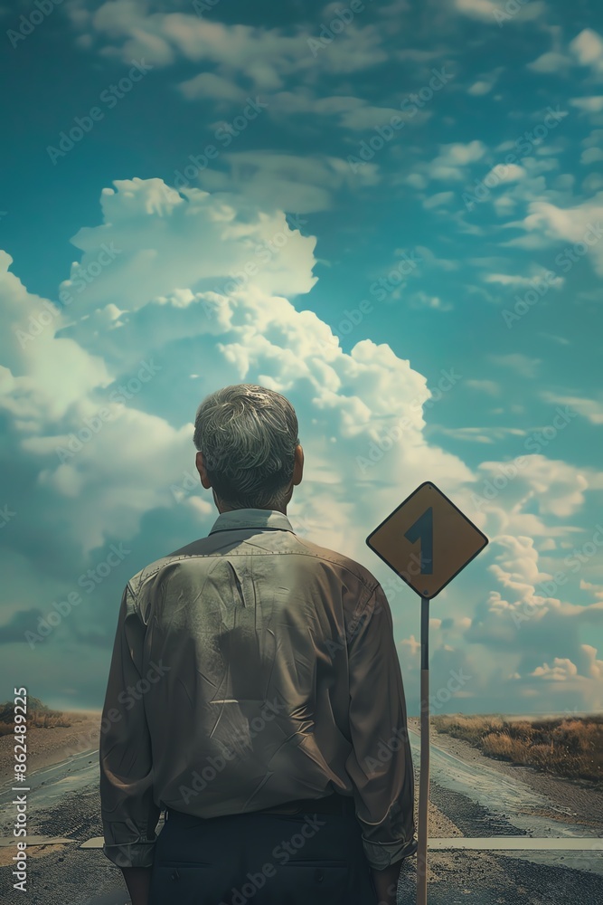Fototapeta premium Man standing at a crossroads sign, looking uncertain, Life choices, Decision making