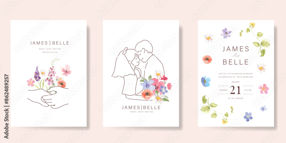 Elegant wedding invitation card background vector. Minimal hand drawn bride and groom in watercolor botanical flowers texture. Design for wedding, vip cover template, rsvp modern card, poster. Elegant wedding invitation card background vector. Minimal hand drawn bride and groom in watercolor botanical flowers texture. Design for wedding, vip cover template, rsvp modern card, poster.