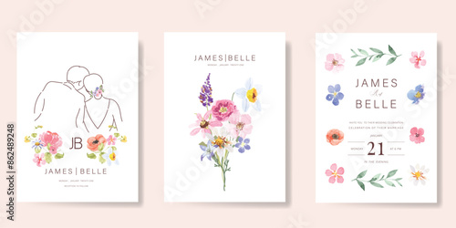 Elegant wedding invitation card background vector. Minimal hand drawn bride and groom in watercolor botanical flowers texture. Design for wedding, vip cover template, rsvp modern card, poster. 