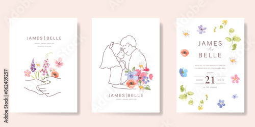 Elegant wedding invitation card background vector. Minimal hand drawn bride and groom in watercolor botanical flowers texture. Design for wedding, vip cover template, rsvp modern card, poster. 