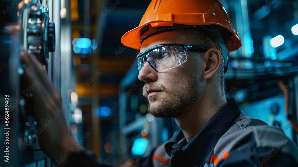 Factory worker in hard hat and safety glasses inspecting machine. factory worker safety Factory worker in hard hat and safety glasses inspecting machine. factory worker safety