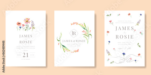 Luxury wedding invitation card background vector. Minimal hand drawn bride and groom in watercolor botanical flowers texture. Design for wedding, vip cover template, rsvp modern card, poster. 