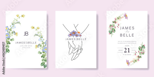 Elegant wedding invitation card background vector. Minimal hand drawn bride and groom in watercolor botanical flowers texture. Design for wedding, vip cover template, rsvp modern card, poster. 