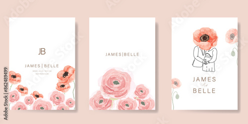 Elegant wedding invitation card background vector. Minimal hand drawn bride and groom in watercolor botanical flowers texture. Design for wedding, vip cover template, rsvp modern card, poster. 