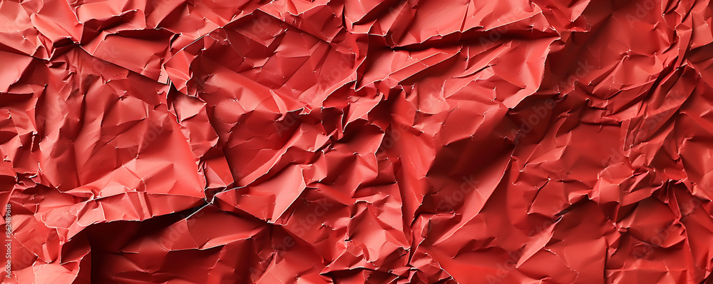 An abstract close-up of red crumpled and creased paper, creating a rich and textured background An abstract close-up of red crumpled and creased paper, creating a rich and textured background