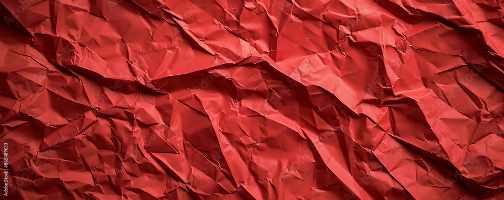 An abstract close-up of red crumpled and creased paper, creating a rich and textured background An abstract close-up of red crumpled and creased paper, creating a rich and textured background