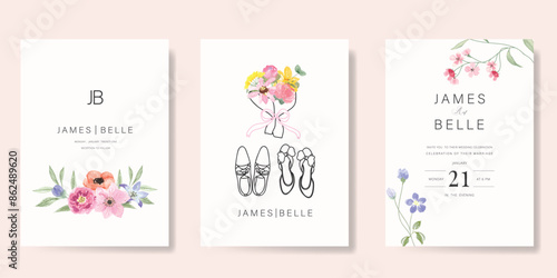 Elegant wedding invitation card background vector. Minimal hand drawn bride and groom shoes in watercolor botanical flowers texture. Design for wedding, vip cover template, rsvp modern card, poster.