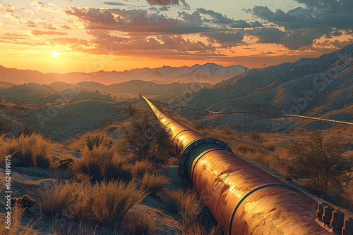 Oil pipeline snaking through a mountainous region at dawn, Oil transportation, Energy infrastructure photo
