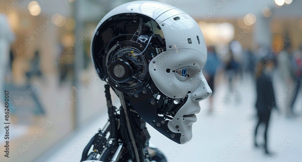 Fototapeta premium Futuristic Robot Performing On Stage With Microphone Under Red Lights