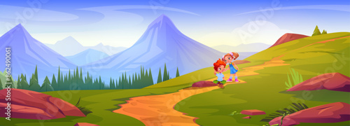 Boy feel pain after fall and girl help in mountain cartoon illustration. Children walk together on path with beautiful nature and green grass. Brother and sister friendship drawing panorama scene