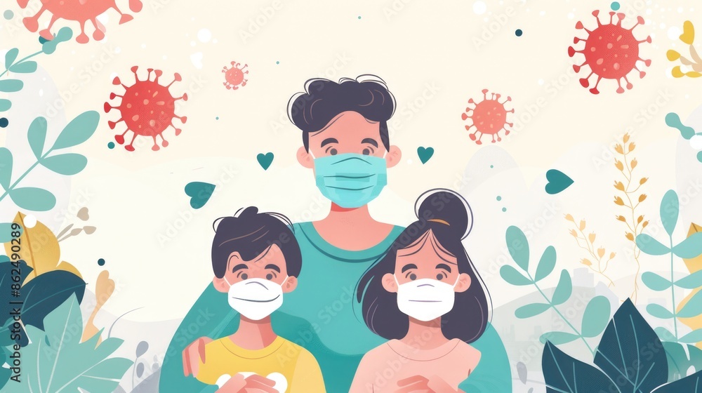 Healthcare and medicine, Family with kids in face mask facemask during outbreak, Human metapneumovirus Healthcare and medicine, Family with kids in face mask facemask during outbreak, Human metapneumovirus