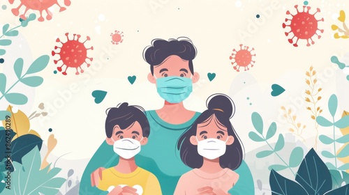Healthcare and medicine, Family with kids in face mask facemask during outbreak, Human metapneumovirus © Various Backgrounds