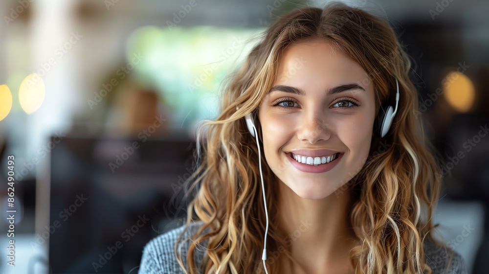 Smiling customer service representative helping a client, Customer care, Support Smiling customer service representative helping a client, Customer care, Support