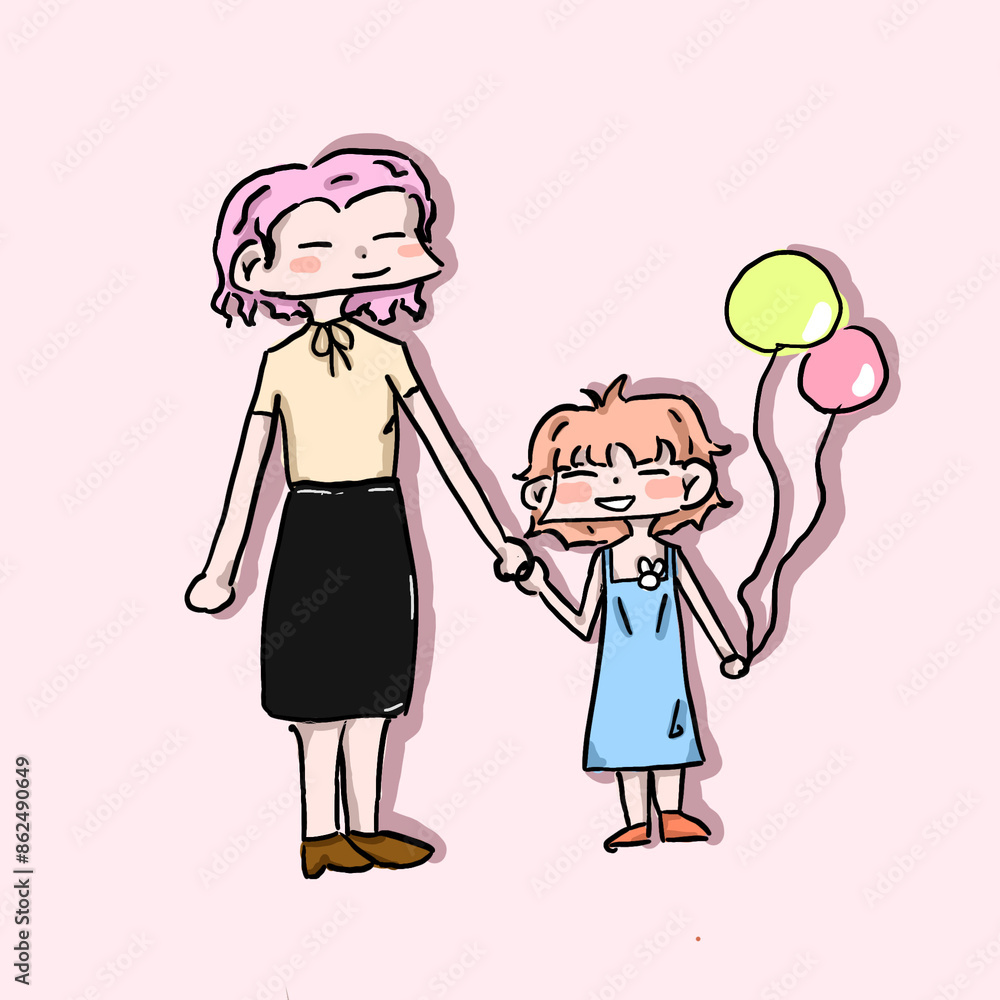 mother and daughter holding hands and play with balloons. mother and daughter holding hands and play with balloons.