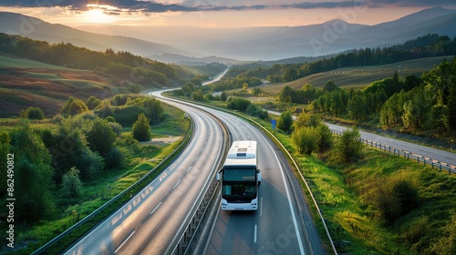 Beautiful highway with white travel bus, picturesque journey, tranquil, vivid, wide angle. copy space for text.