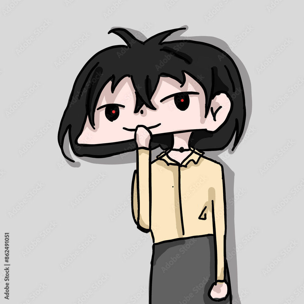 cartoon illustration Woman with short hair and yellow shirt He was standing with his hand covering his mouth. cartoon illustration Woman with short hair and yellow shirt He was standing with his hand covering his mouth.