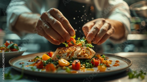 Chef Perfectly Garnishing Gourmet Grilled Chicken Dish with Fresh Vegetables in Modern Kitchen
